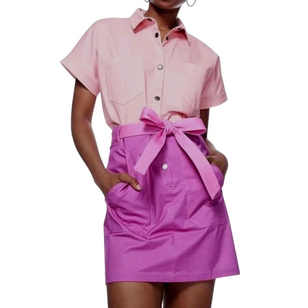 THE KIT Cargo Dress Dottie Blush Pink Colorblock Women Medium Relaxed Cotton